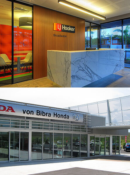 Collage of two commercial glass projects both external and internal